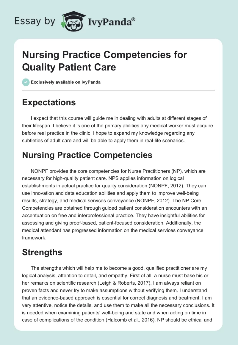 Nursing Practice Competencies for Quality Patient Care. Page 1