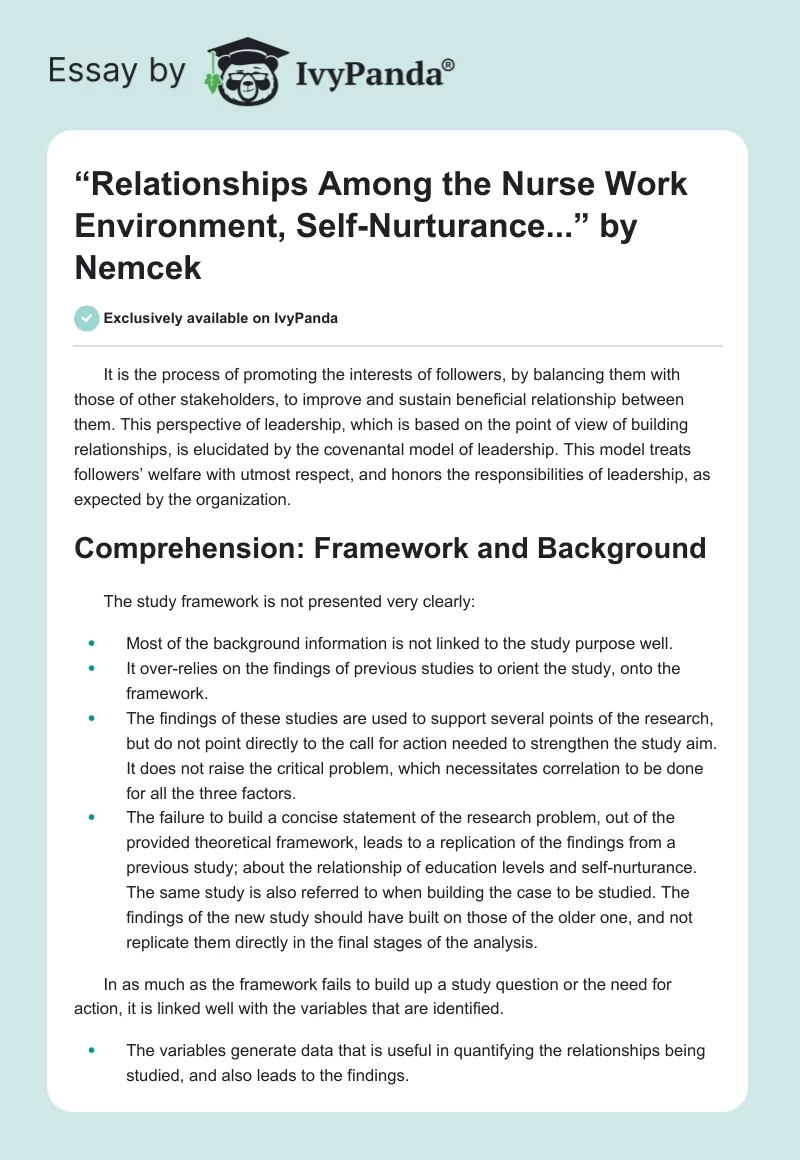 “Relationships Among the Nurse Work Environment, Self-Nurturance...” by Nemcek. Page 1
