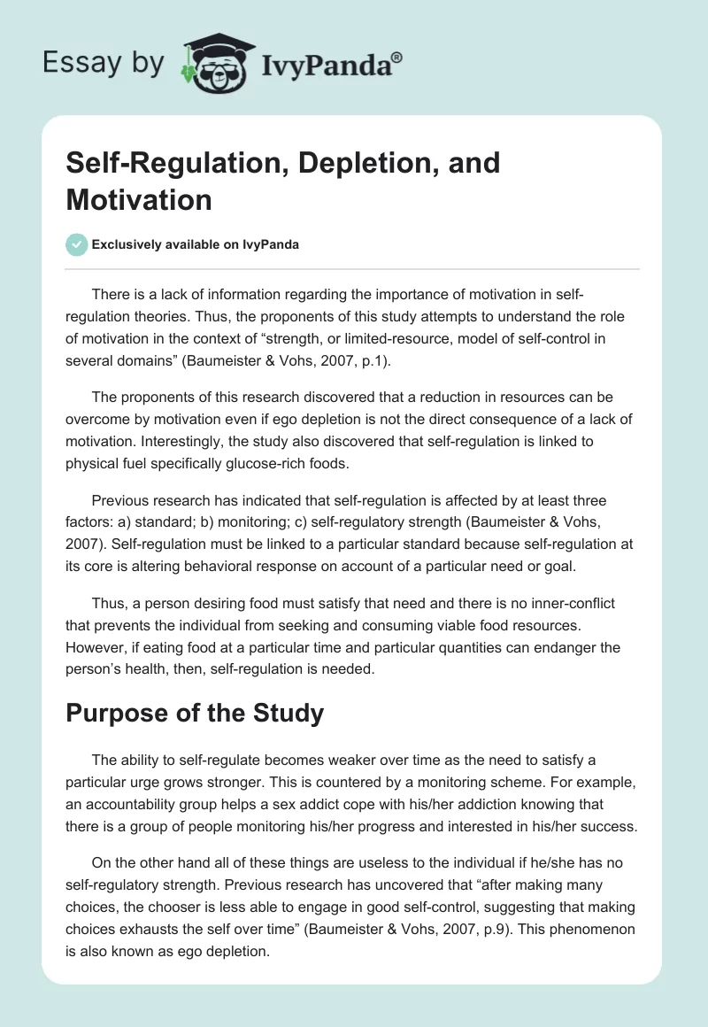 Self-Regulation, Depletion, and Motivation. Page 1