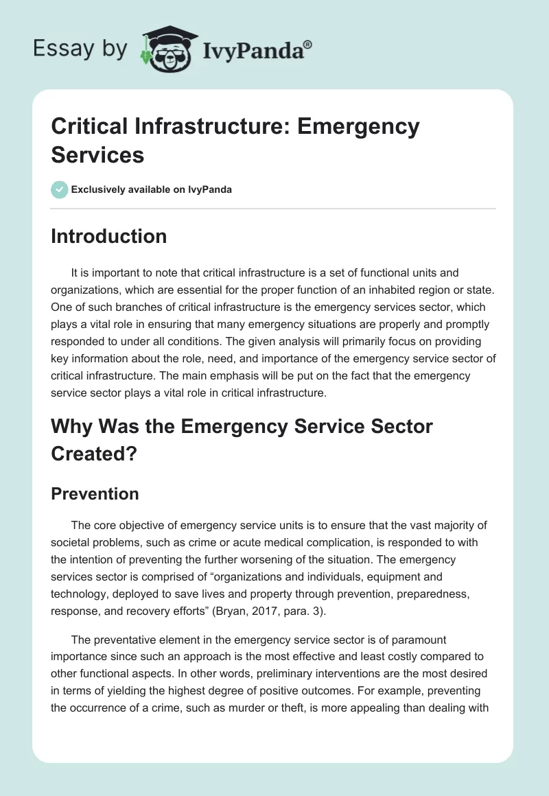 Critical Infrastructure: Emergency Services. Page 1