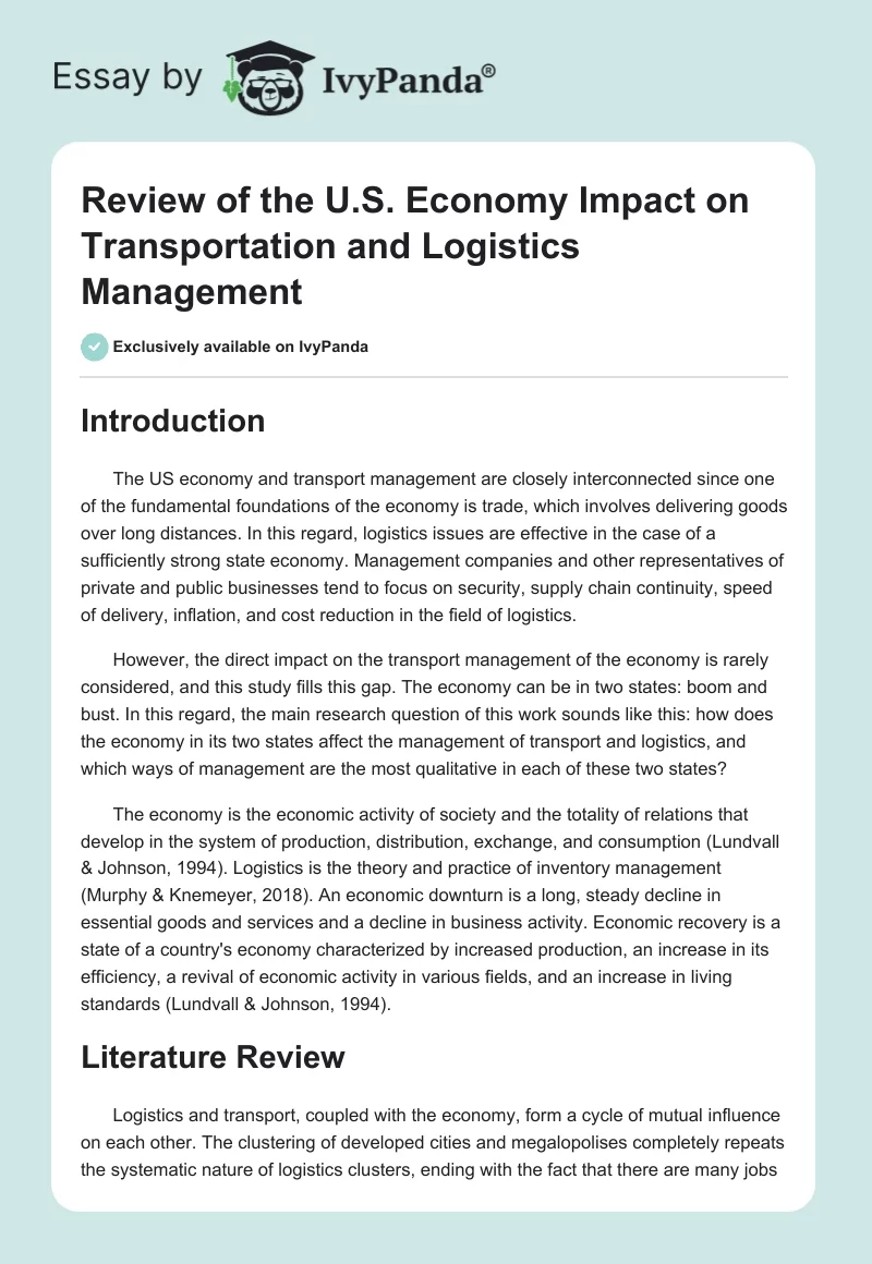Review of the U.S. Economy Impact on Transportation and Logistics Management. Page 1
