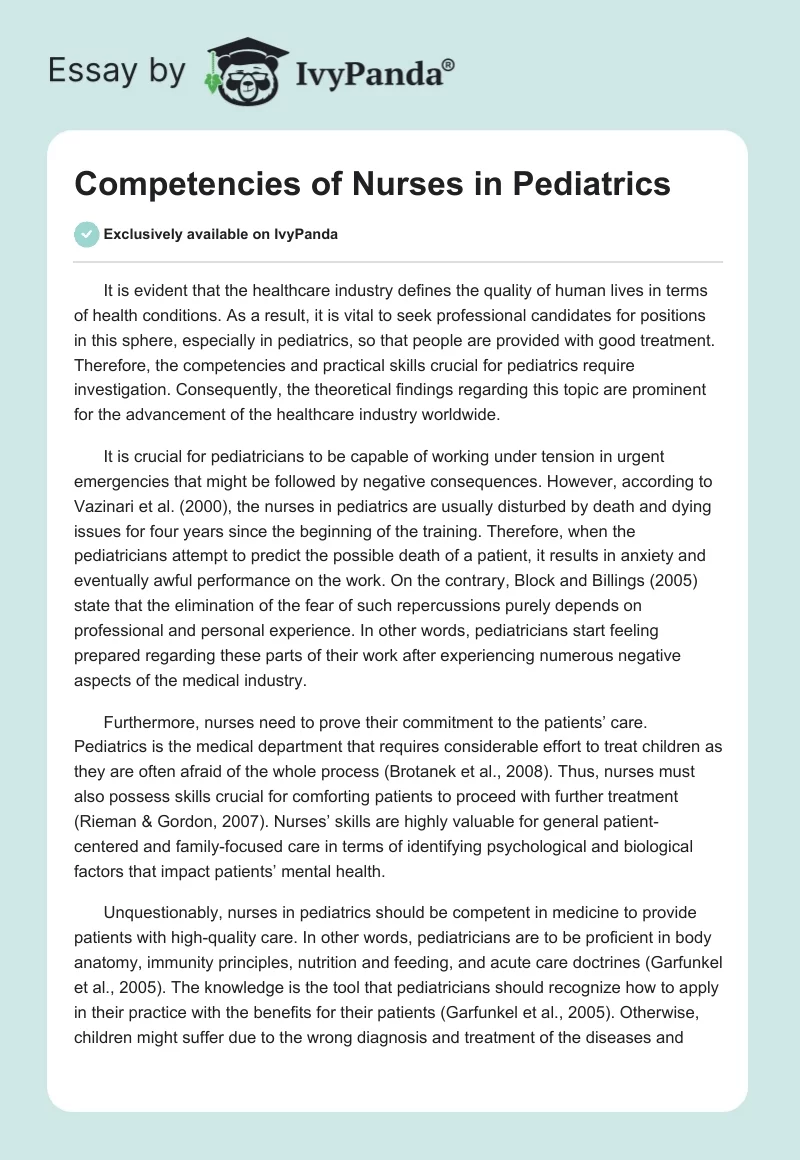 Competencies of Nurses in Pediatrics. Page 1