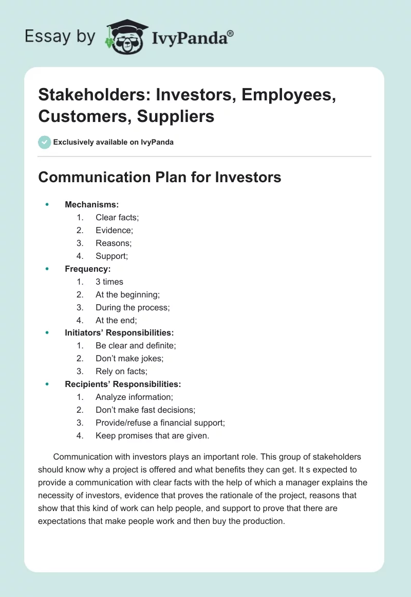Stakeholders: Investors, Employees, Customers, Suppliers. Page 1