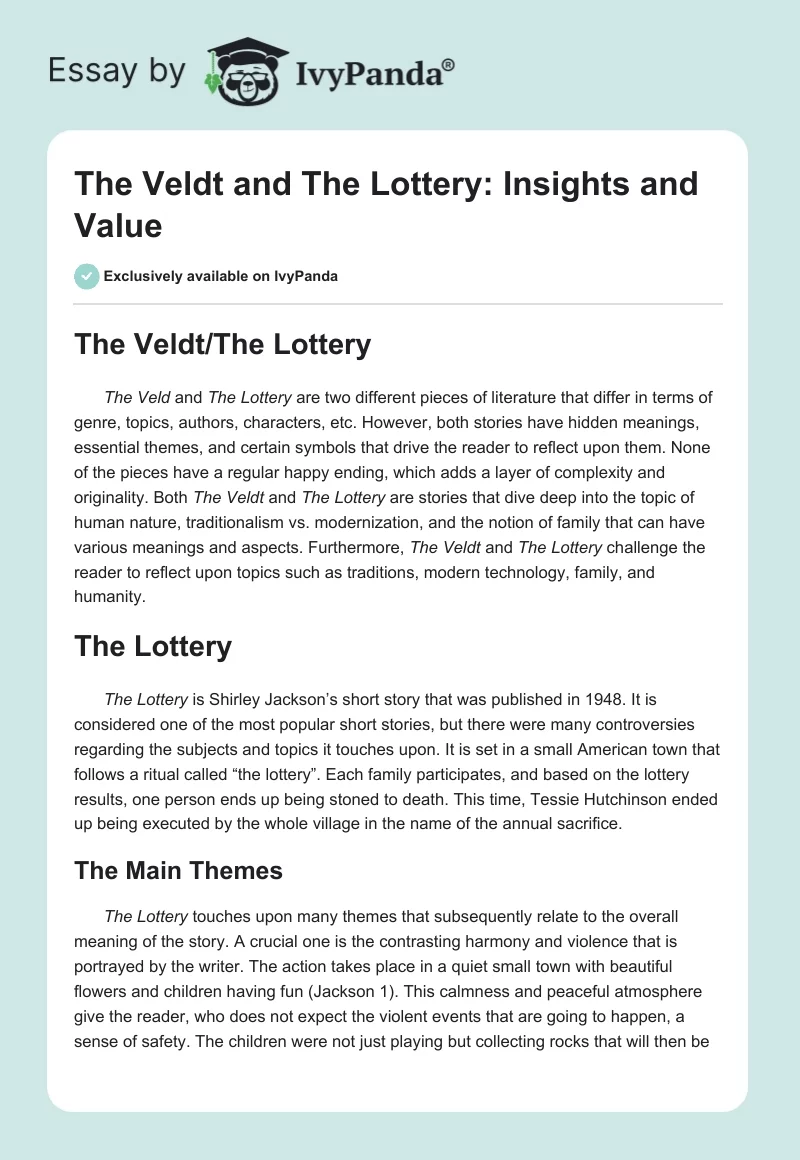 The Veldt and "The Lottery": Insights and Value. Page 1