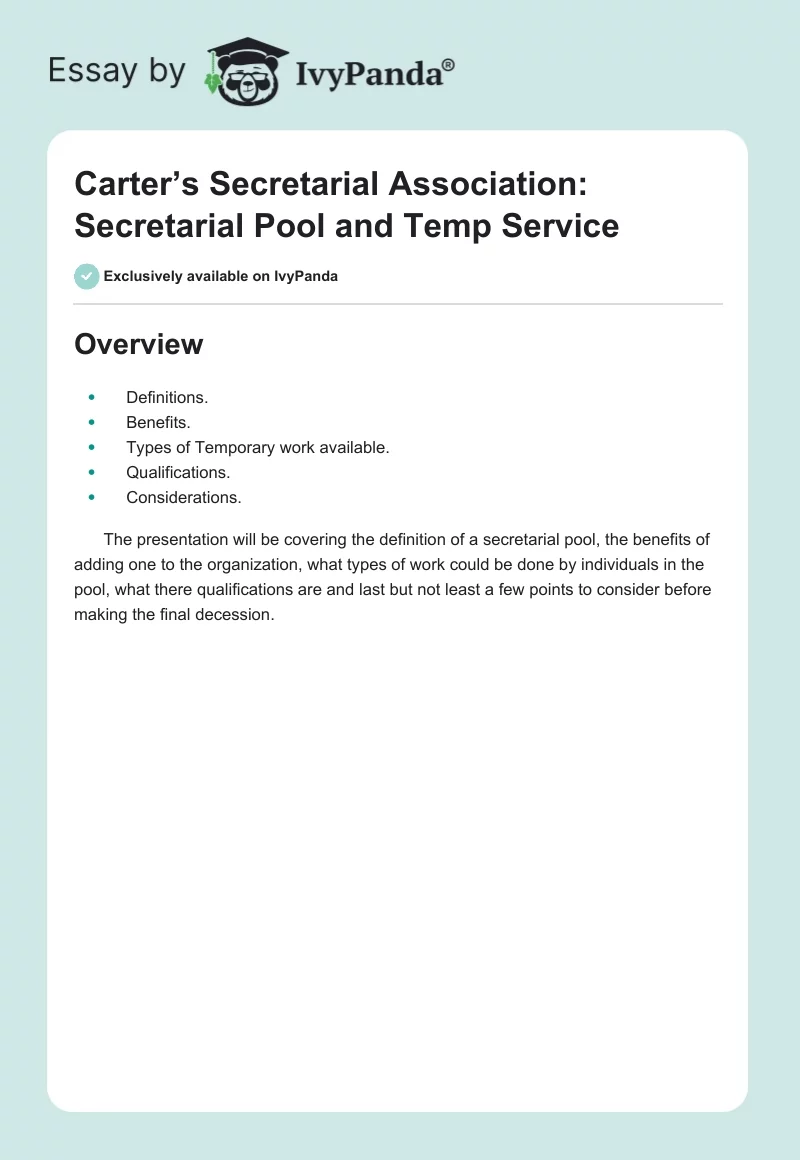 Carter’s Secretarial Association: Secretarial Pool and Temp Service. Page 1