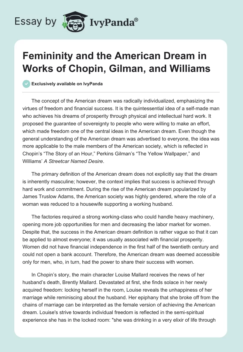 Femininity and the American Dream in Works of Chopin, Gilman, and Williams. Page 1