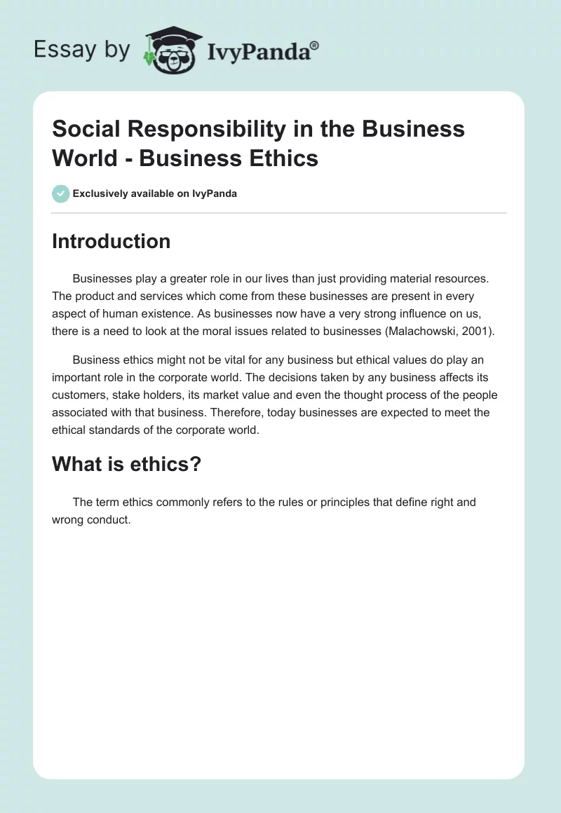 Social Responsibility in the Business World - Business Ethics. Page 1