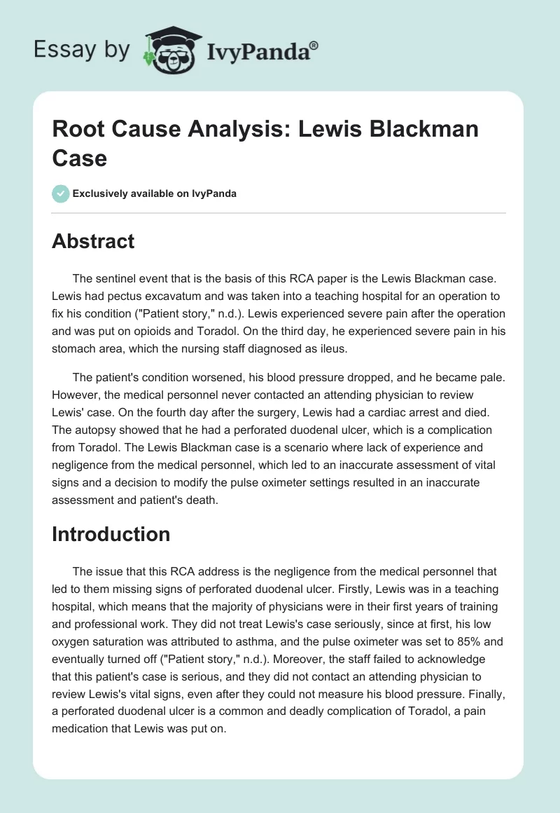 Root Cause Analysis: Lewis Blackman Case. Page 1