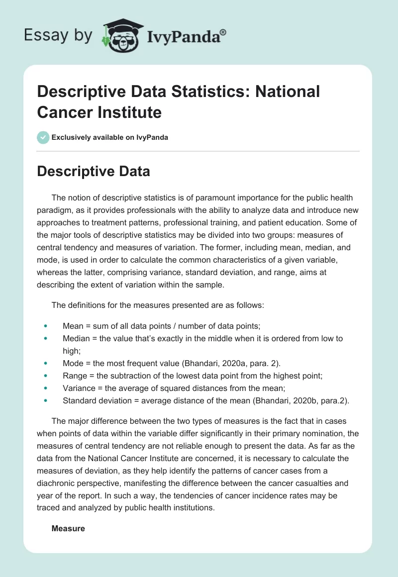 Descriptive Data Statistics: National Cancer Institute. Page 1