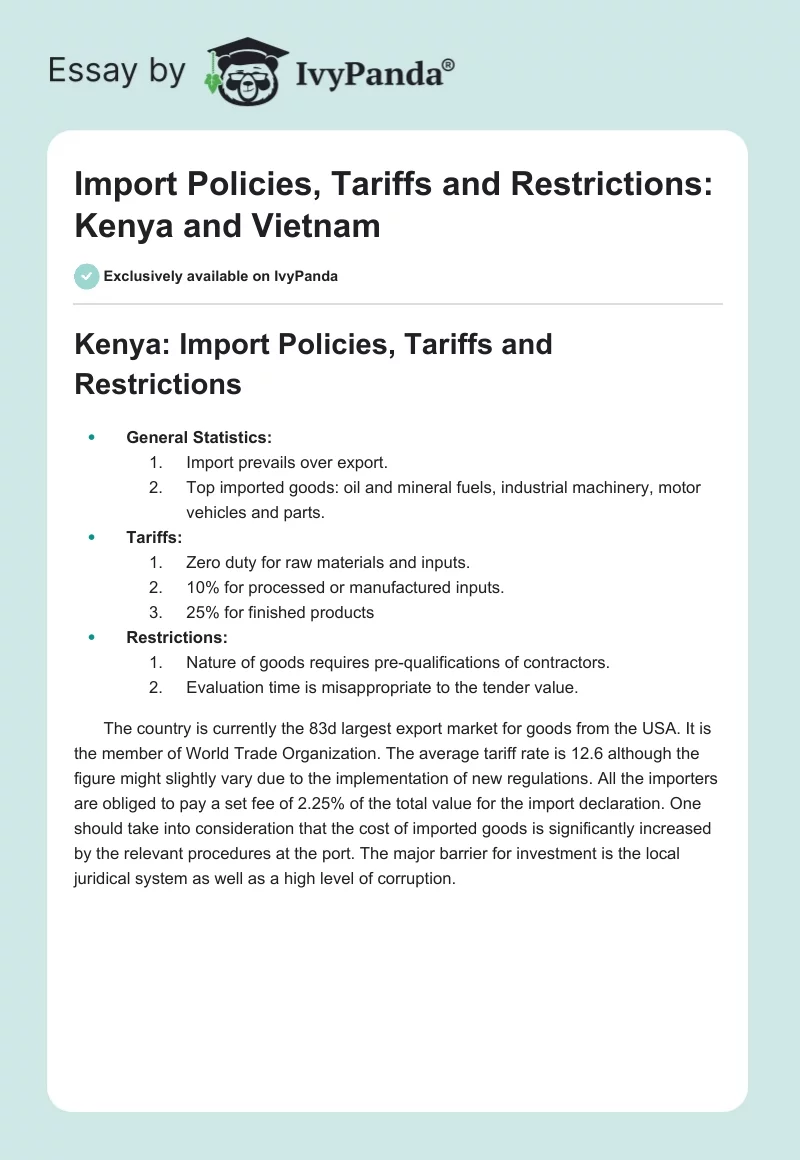 Import Policies, Tariffs and Restrictions: Kenya and Vietnam. Page 1