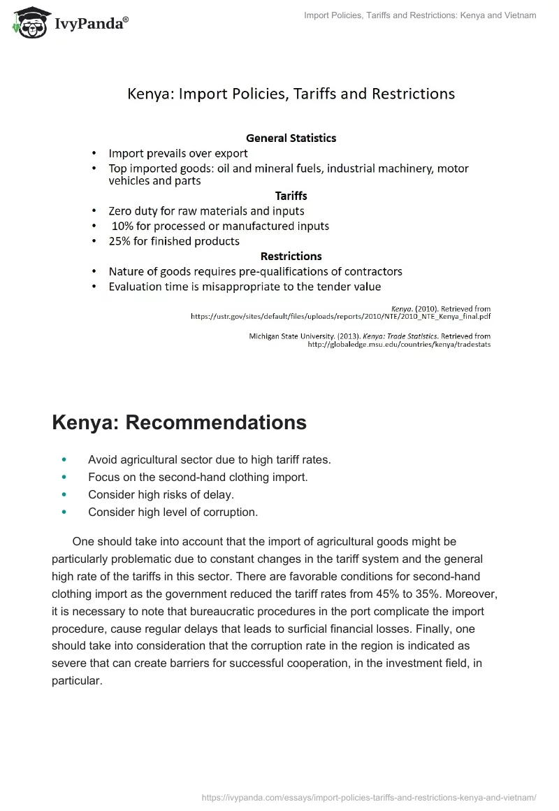 Import Policies, Tariffs and Restrictions: Kenya and Vietnam. Page 2