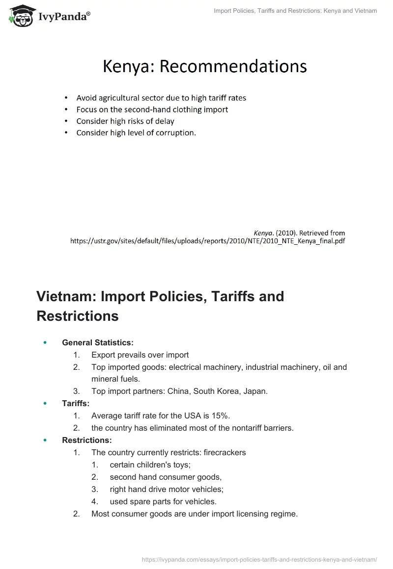 Import Policies, Tariffs and Restrictions: Kenya and Vietnam. Page 3