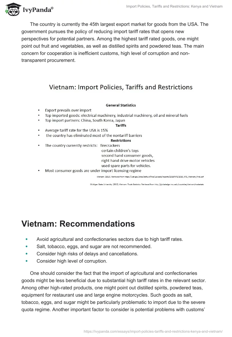 Import Policies, Tariffs and Restrictions: Kenya and Vietnam. Page 4
