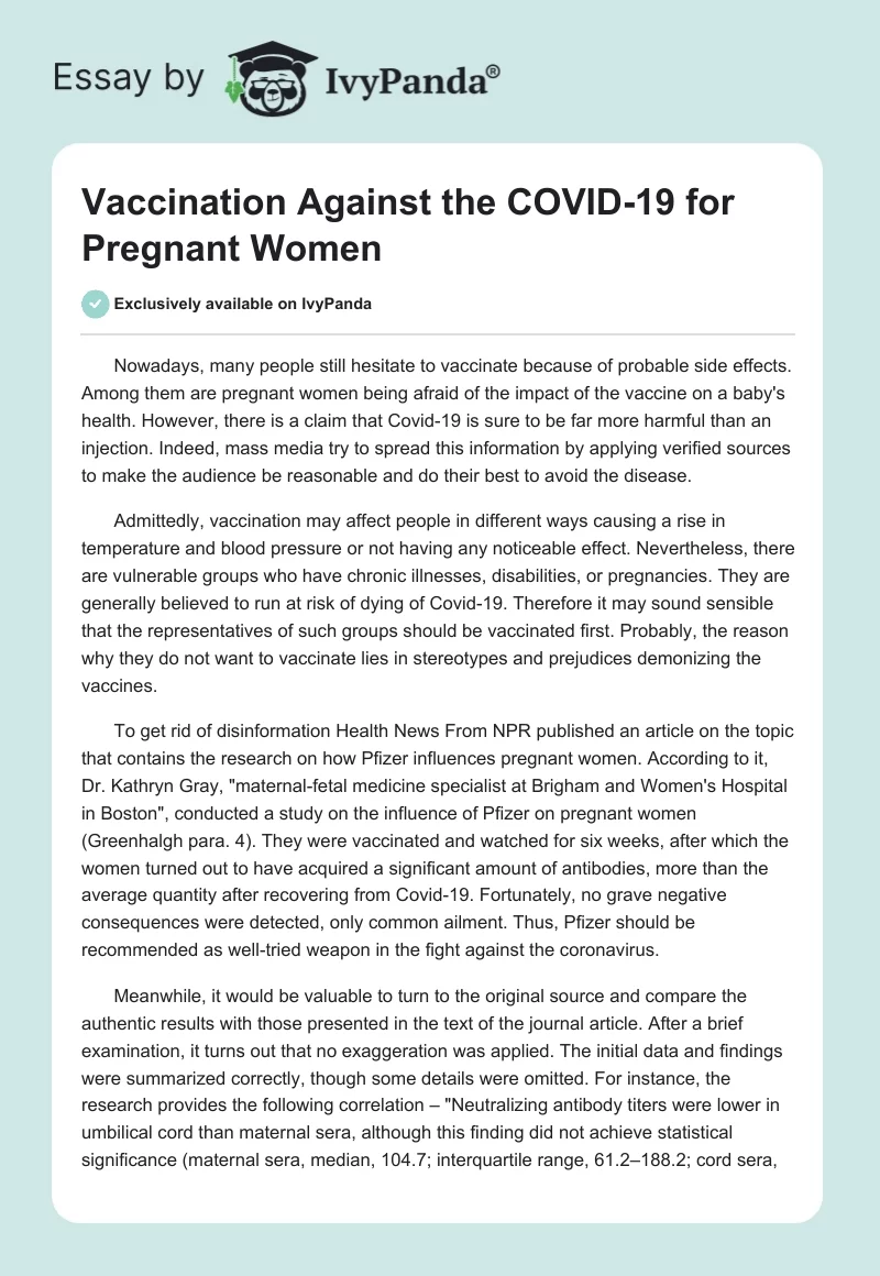 Vaccination Against the COVID-19 for Pregnant Women. Page 1