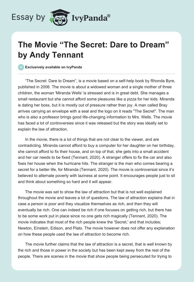 The Movie “The Secret: Dare to Dream” by Andy Tennant. Page 1