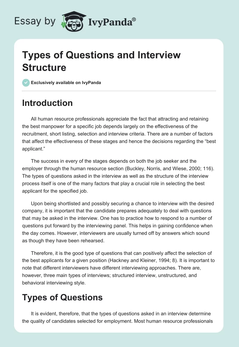 Types of Questions and Interview Structure. Page 1