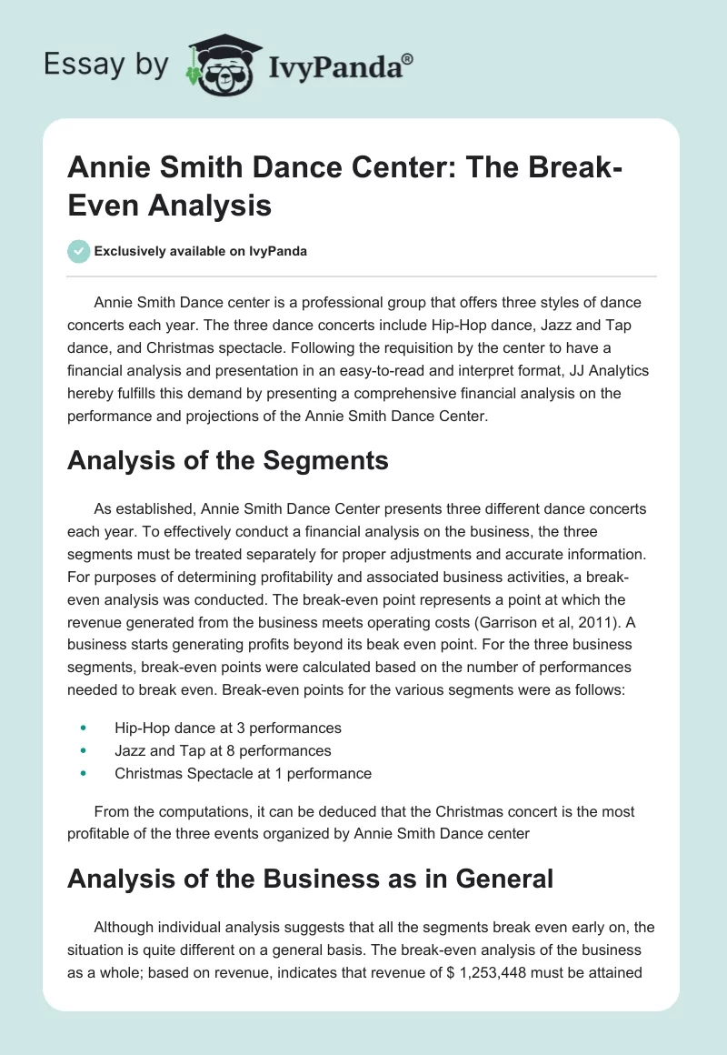 Annie Smith Dance Center: The Break-Even Analysis. Page 1