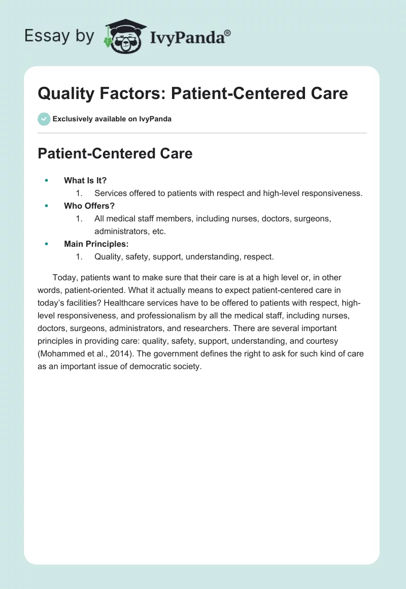 Quality Factors: Patient-Centered Care. Page 1