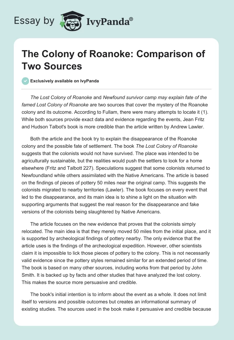 The Colony of Roanoke: Comparison of Two Sources. Page 1