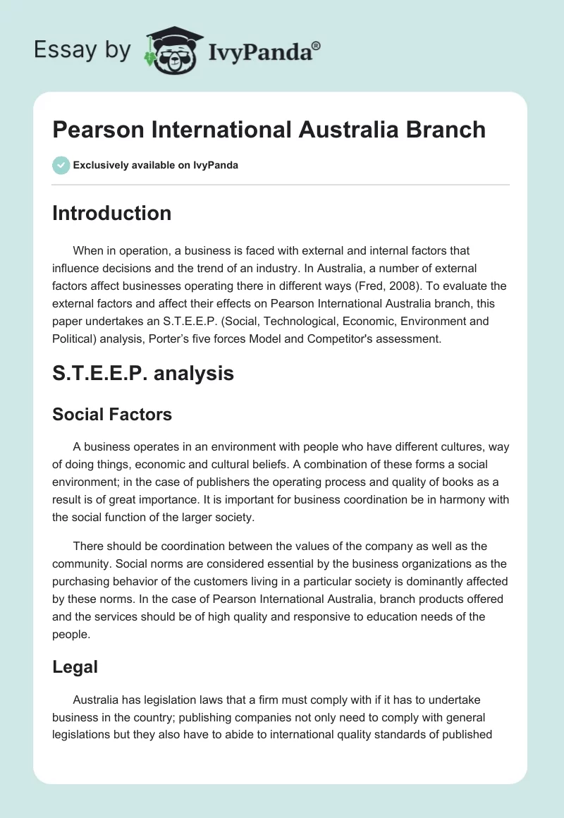 Pearson International Australia Branch. Page 1