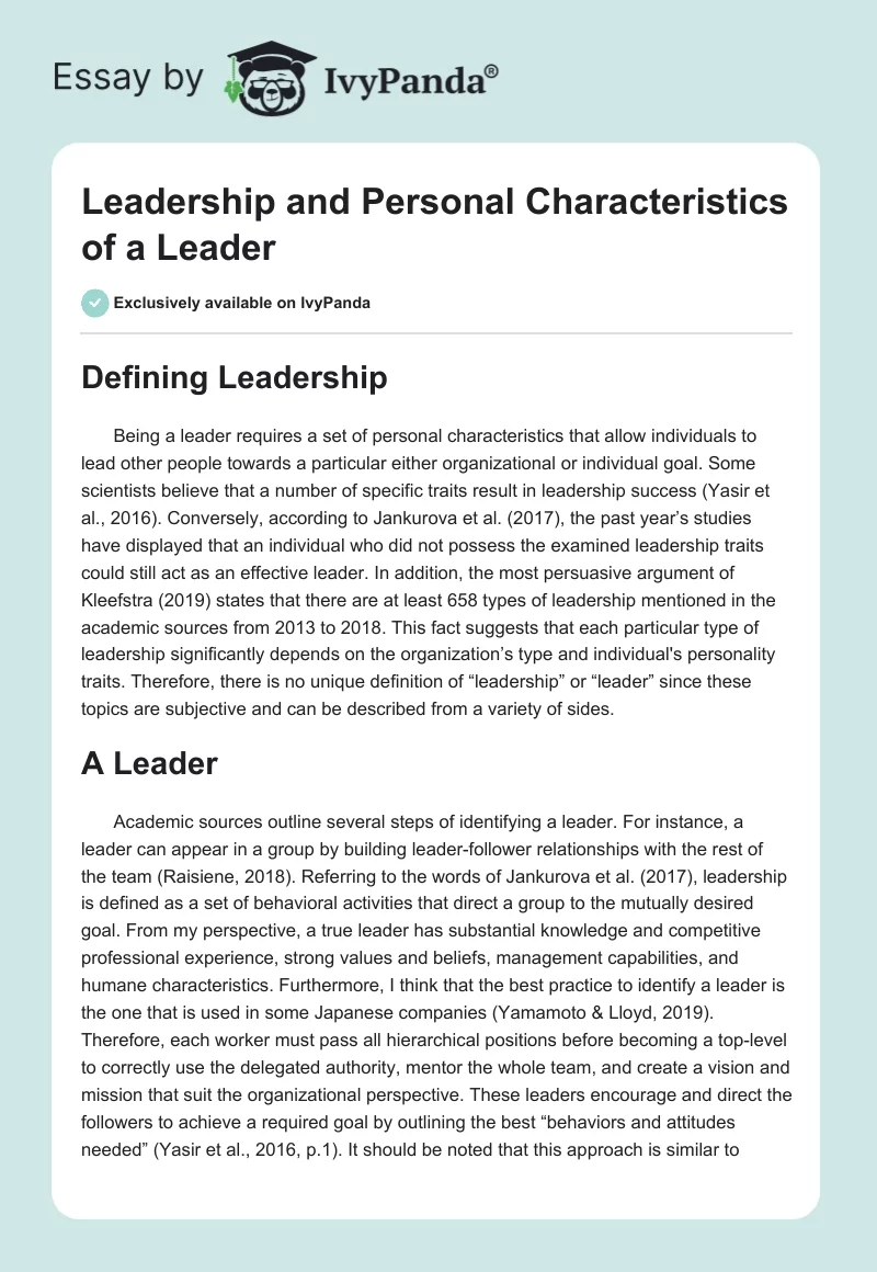 Leadership and Personal Characteristics of a Leader. Page 1