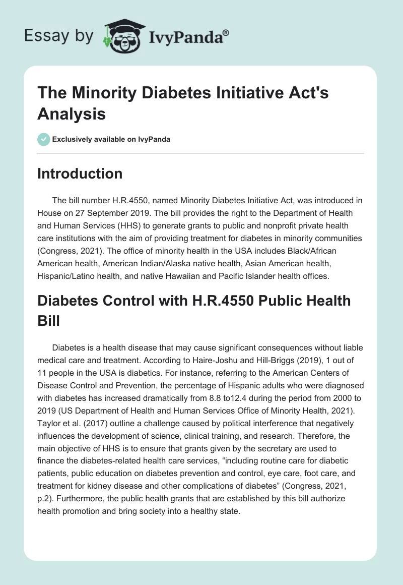 The Minority Diabetes Initiative Act's Analysis. Page 1