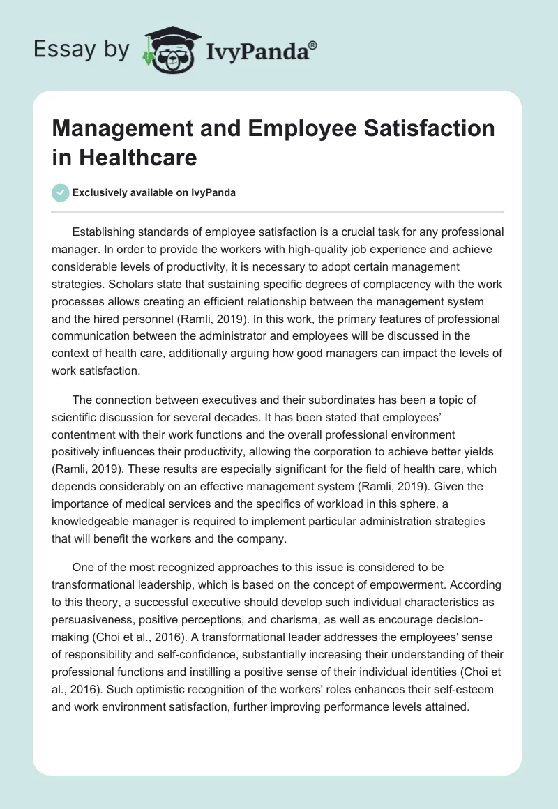 Management and Employee Satisfaction in Healthcare. Page 1