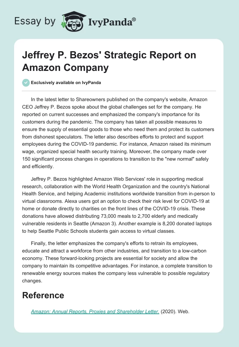 Jeffrey P. Bezos' Strategic Report on Amazon Company. Page 1