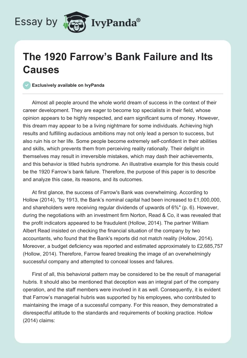 The 1920 Farrow’s Bank Failure and Its Causes. Page 1