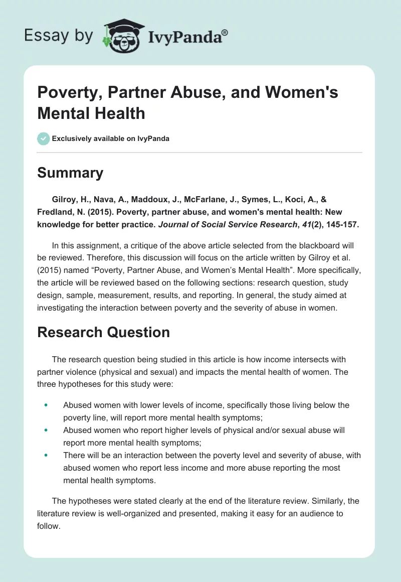 Poverty, Partner Abuse, and Women's Mental Health. Page 1