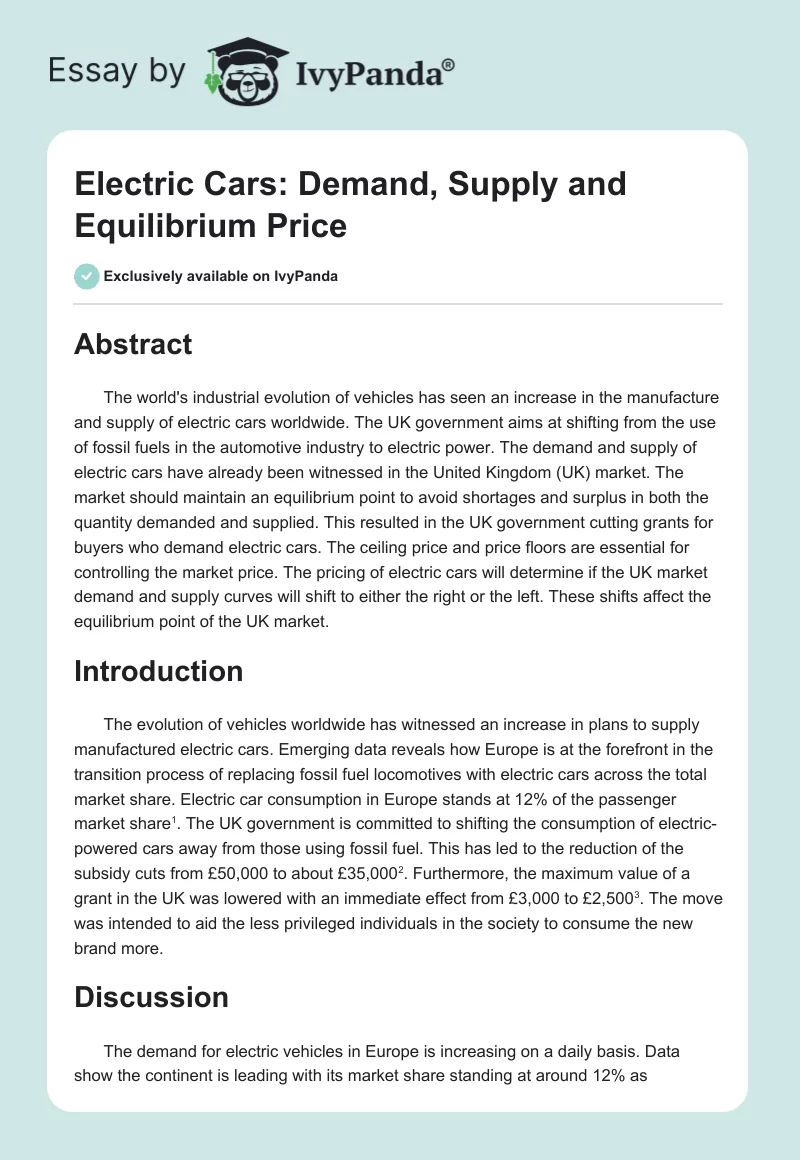 Electric Cars: Demand, Supply and Equilibrium Price. Page 1