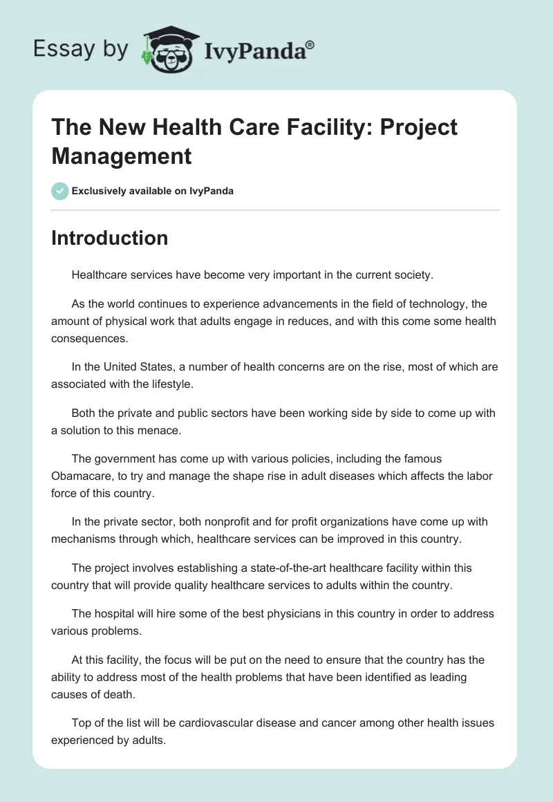 The New Health Care Facility: Project Management. Page 1