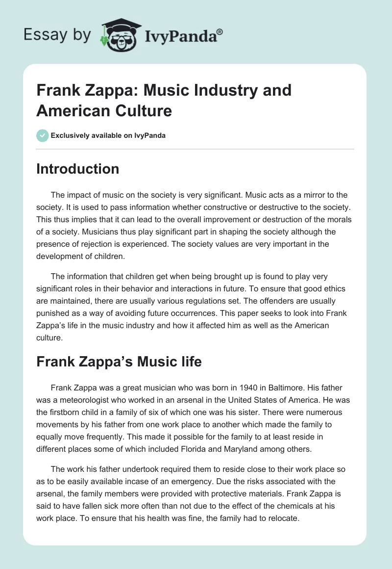 Frank Zappa: Music Industry and American Culture. Page 1