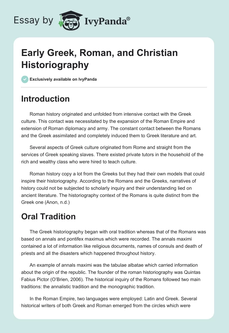 Early Greek, Roman, and Christian Historiography. Page 1
