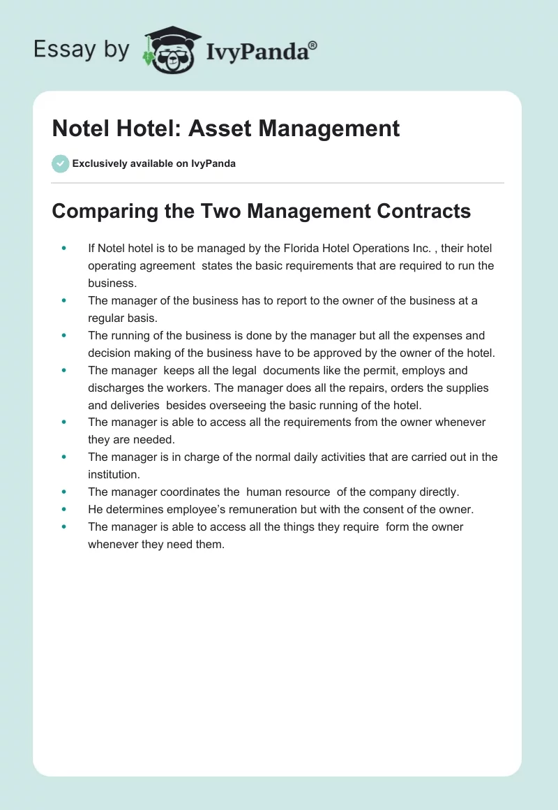 Notel Hotel: Asset Management. Page 1