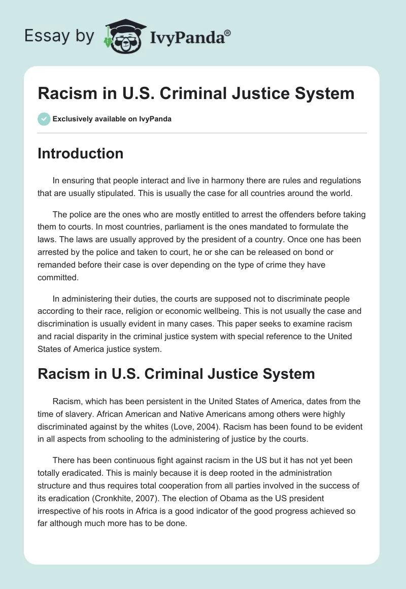 Racism in U.S. Criminal Justice System. Page 1