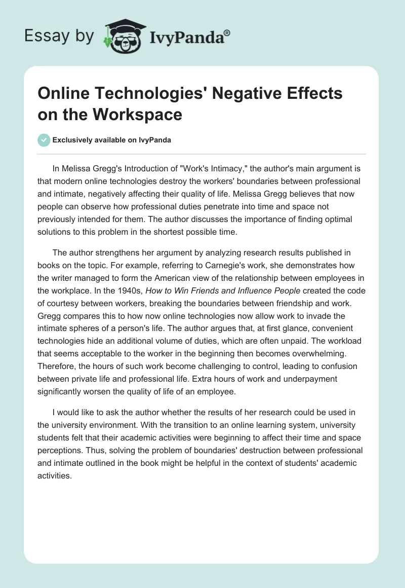 Online Technologies' Negative Effects on the Workspace. Page 1