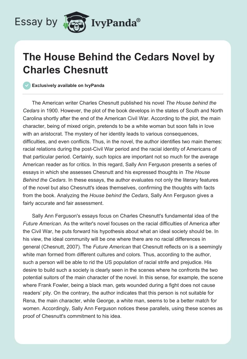 "The House Behind the Cedars" Novel by Charles Chesnutt. Page 1