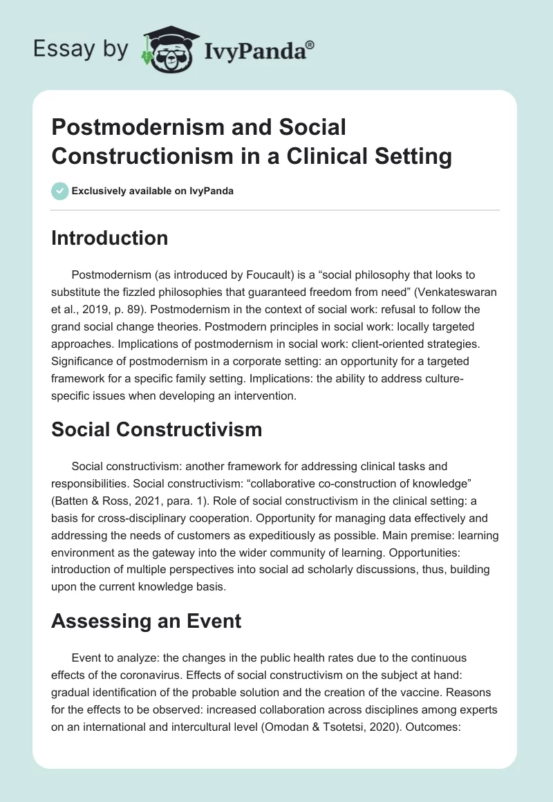Postmodernism and Social Constructionism in a Clinical Setting. Page 1