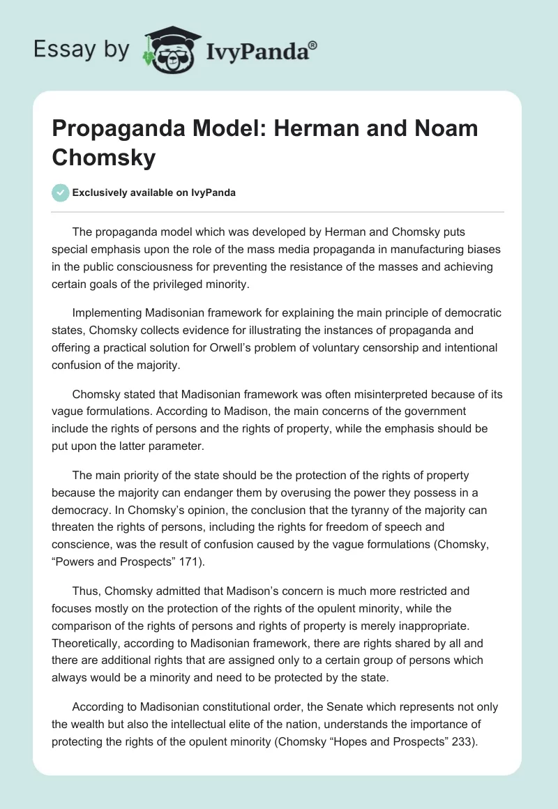 Propaganda Model: Herman and Noam Chomsky. Page 1
