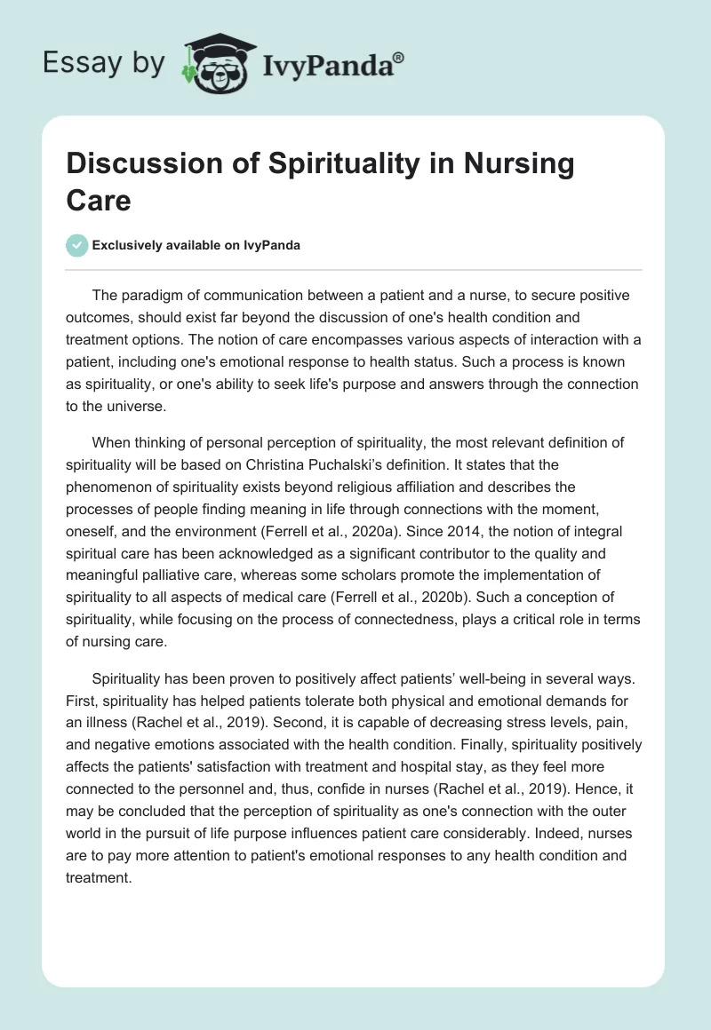 Discussion of Spirituality in Nursing Care. Page 1