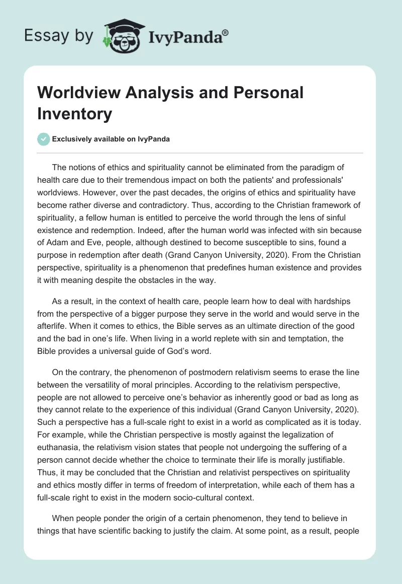 Worldview Analysis and Personal Inventory. Page 1