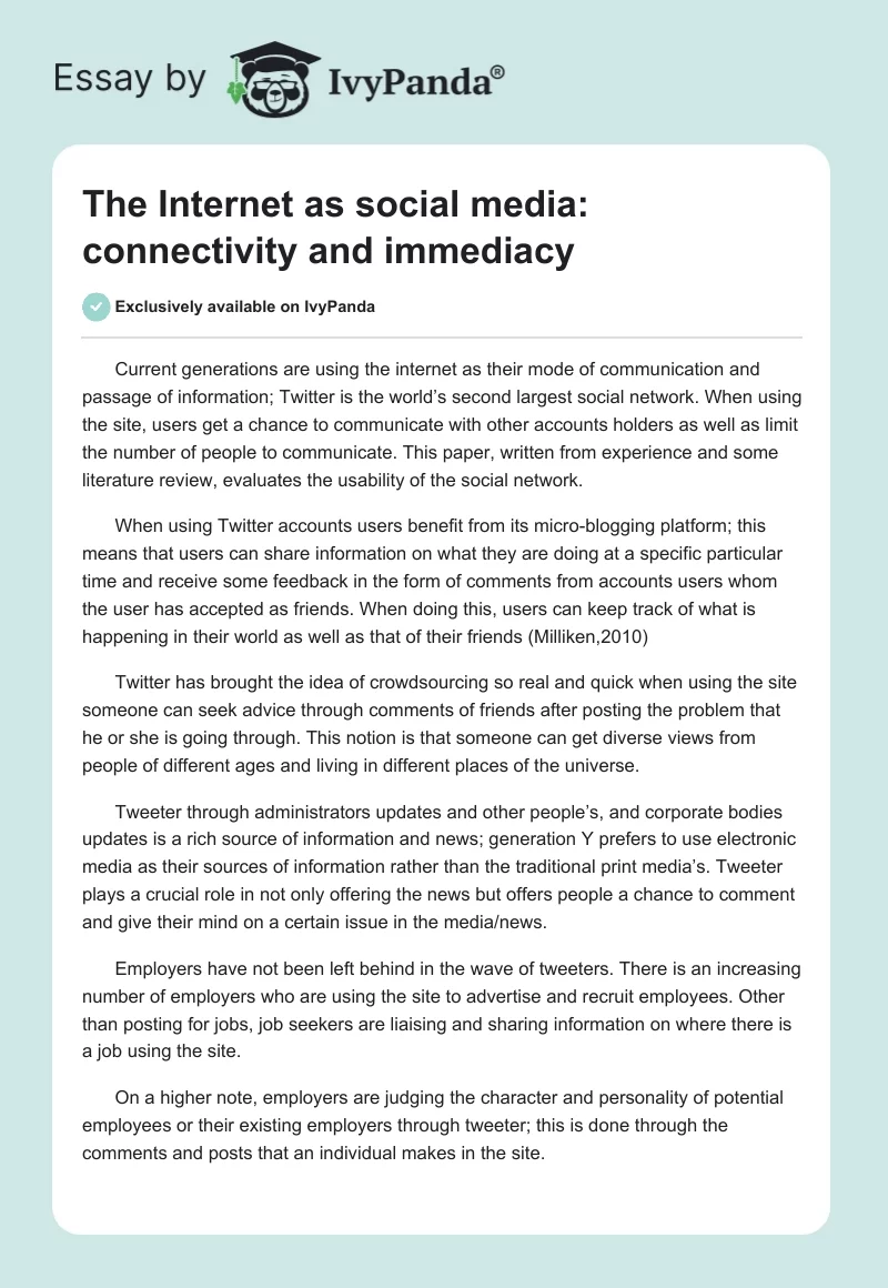 The Internet as Social Media: Connectivity and Immediacy. Page 1