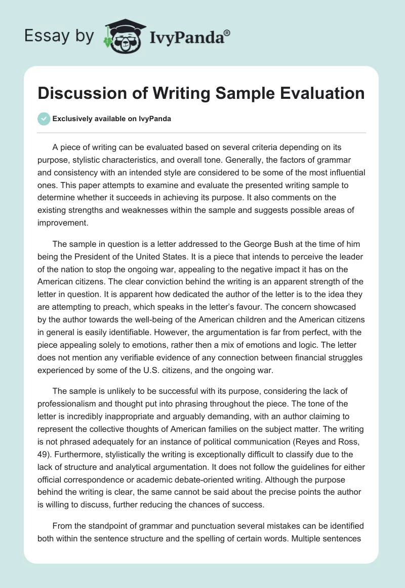 Discussion of Writing Sample Evaluation. Page 1