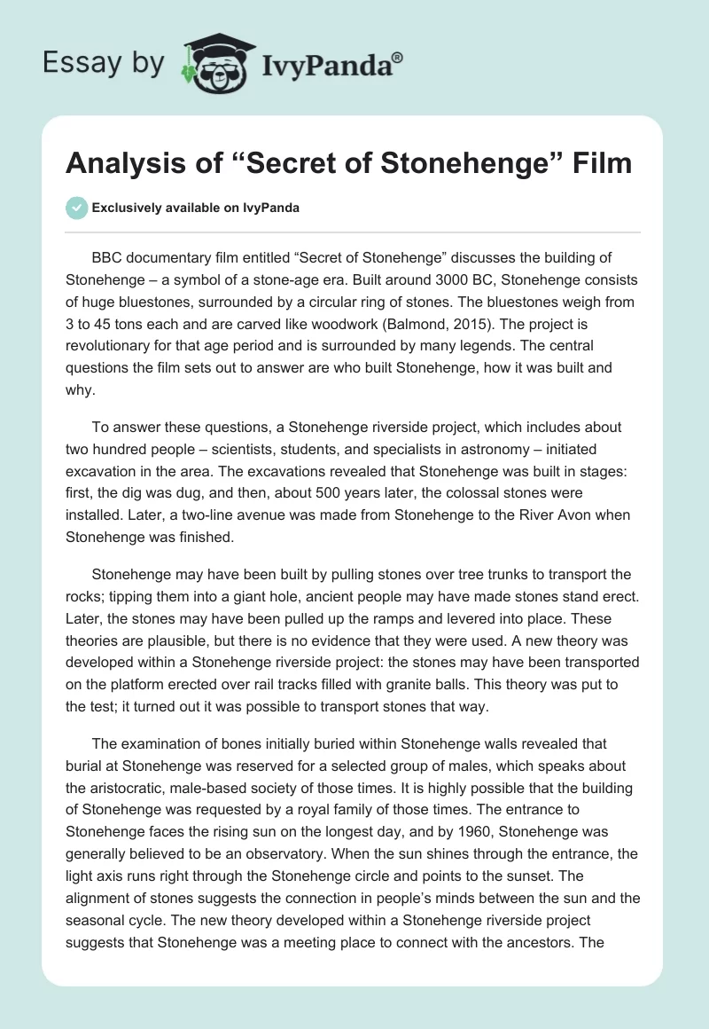 Analysis of “Secret of Stonehenge” Film. Page 1