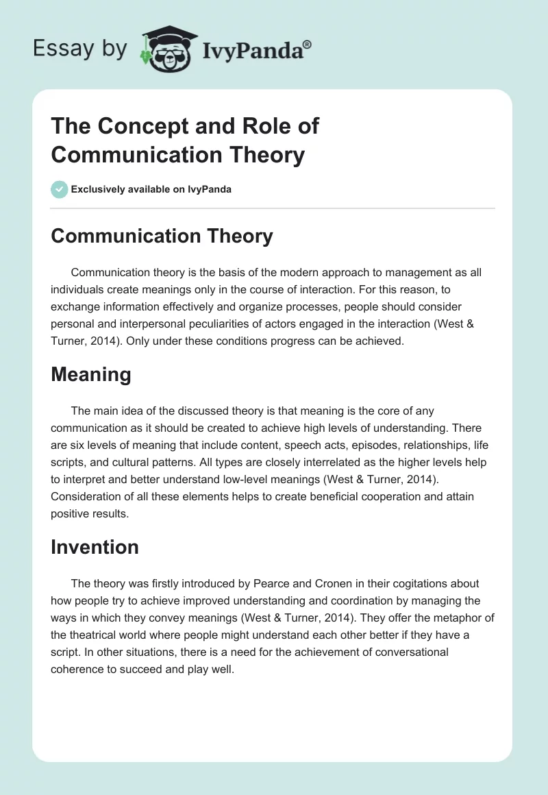 The Concept and Role of Communication Theory. Page 1