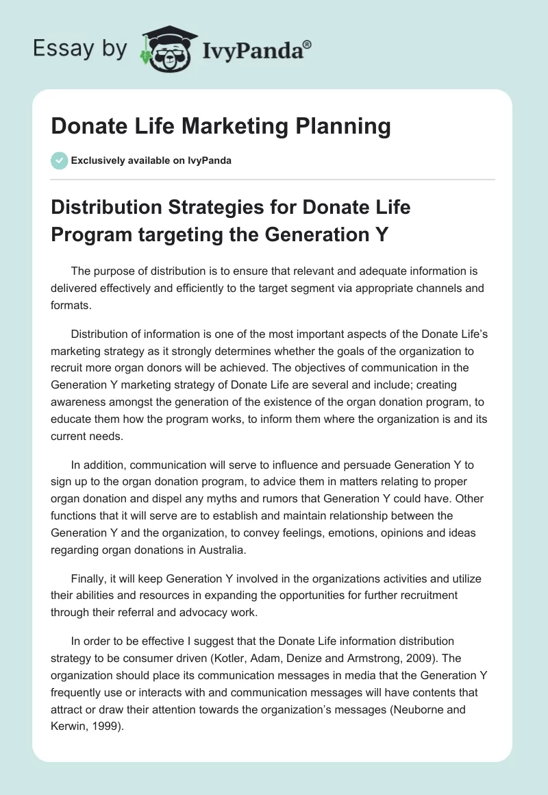 Donate Life Marketing Planning. Page 1