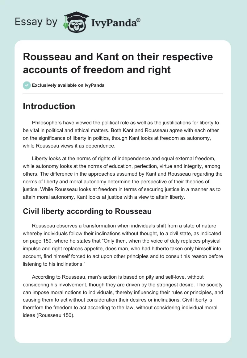 Rousseau and Kant on their respective accounts of freedom and right. Page 1