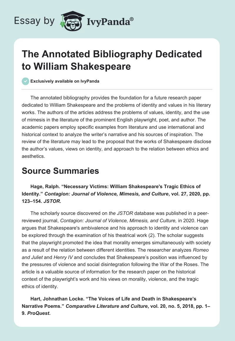The Annotated Bibliography Dedicated to William Shakespeare. Page 1