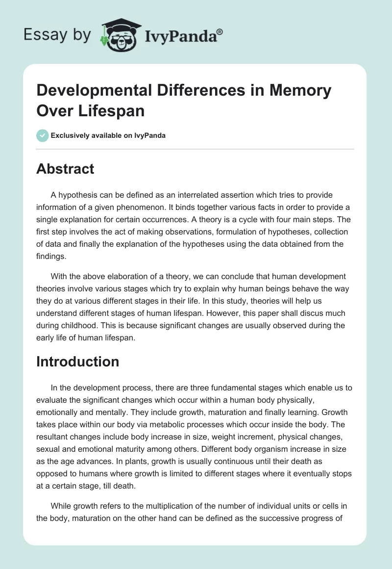Developmental Differences in Memory Over Lifespan. Page 1